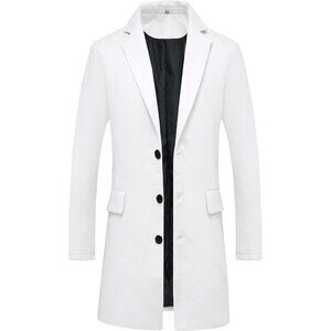 Men's White  Classic Wool  Single Breasted Mid Long Wool Blend Trench Overcoat